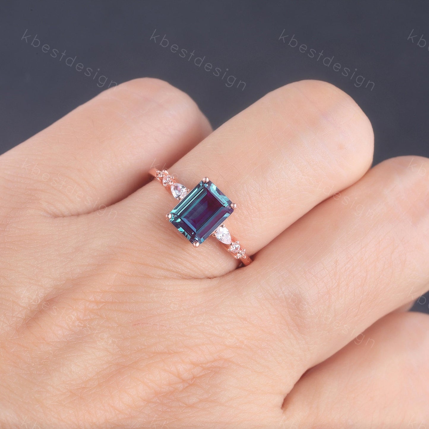 Emerald cut Alexandrite engagement ring vintage diamond Cluster wedding ring rose gold engagement ring anniversary gift for women