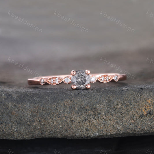 Dainty Salt and Pepper Diamond Engagement Ring Rose Gold Wedding Ring Delicate Engagement Ring Art Deco Wedding Ring Anniversary Ring