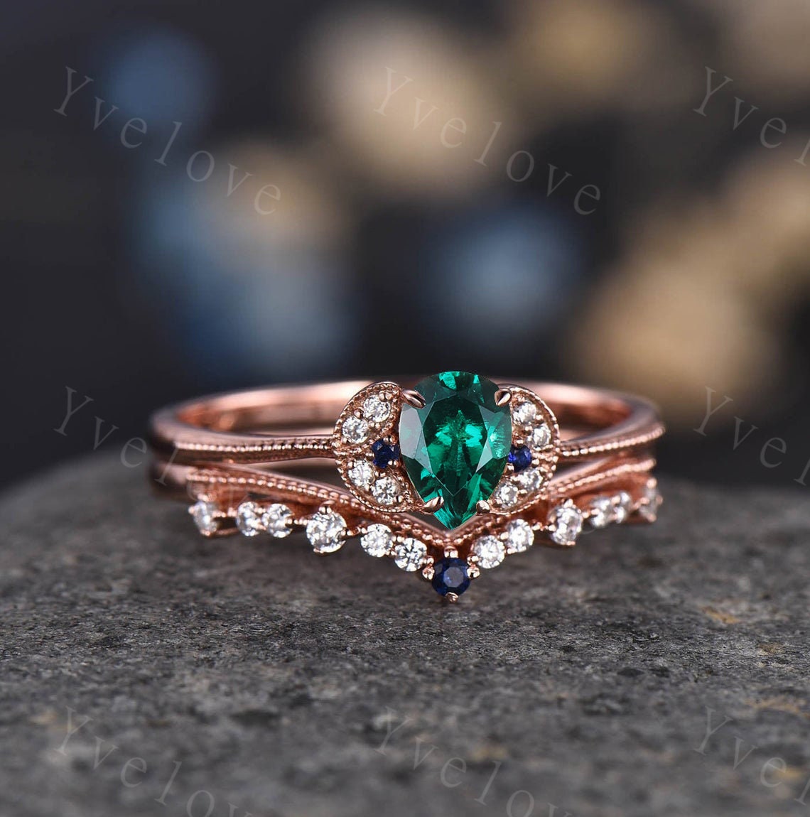 Alexandrite Ring, Pear Alexandrite Engagement Ring, June Birthstone Ring, Vintage Wedding Band, 14k Rose Gold, Promise Ring, Bridal Set