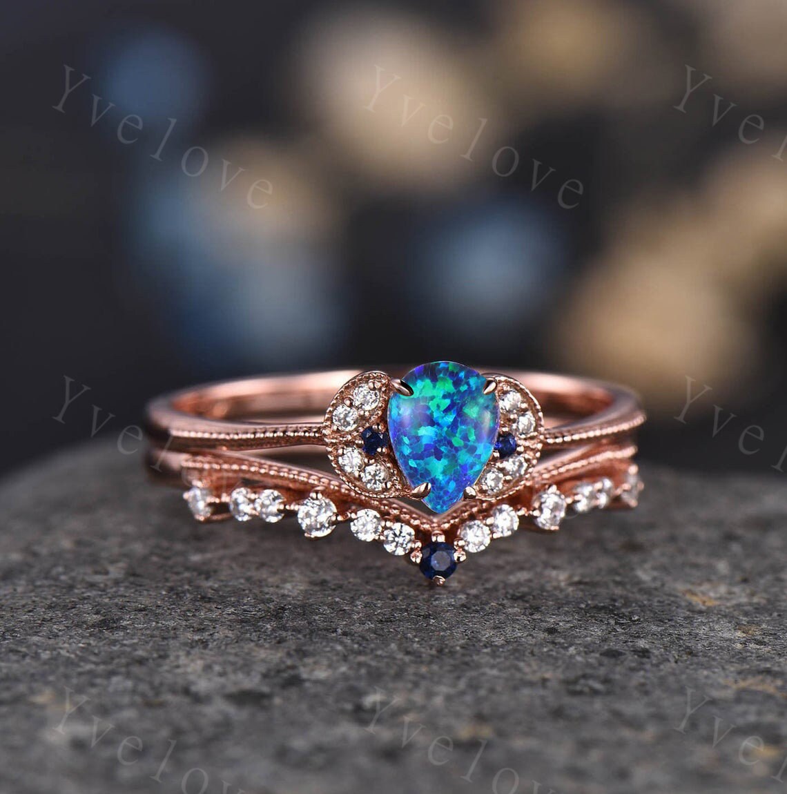 Alexandrite Ring, Pear Alexandrite Engagement Ring, June Birthstone Ring, Vintage Wedding Band, 14k Rose Gold, Promise Ring, Bridal Set
