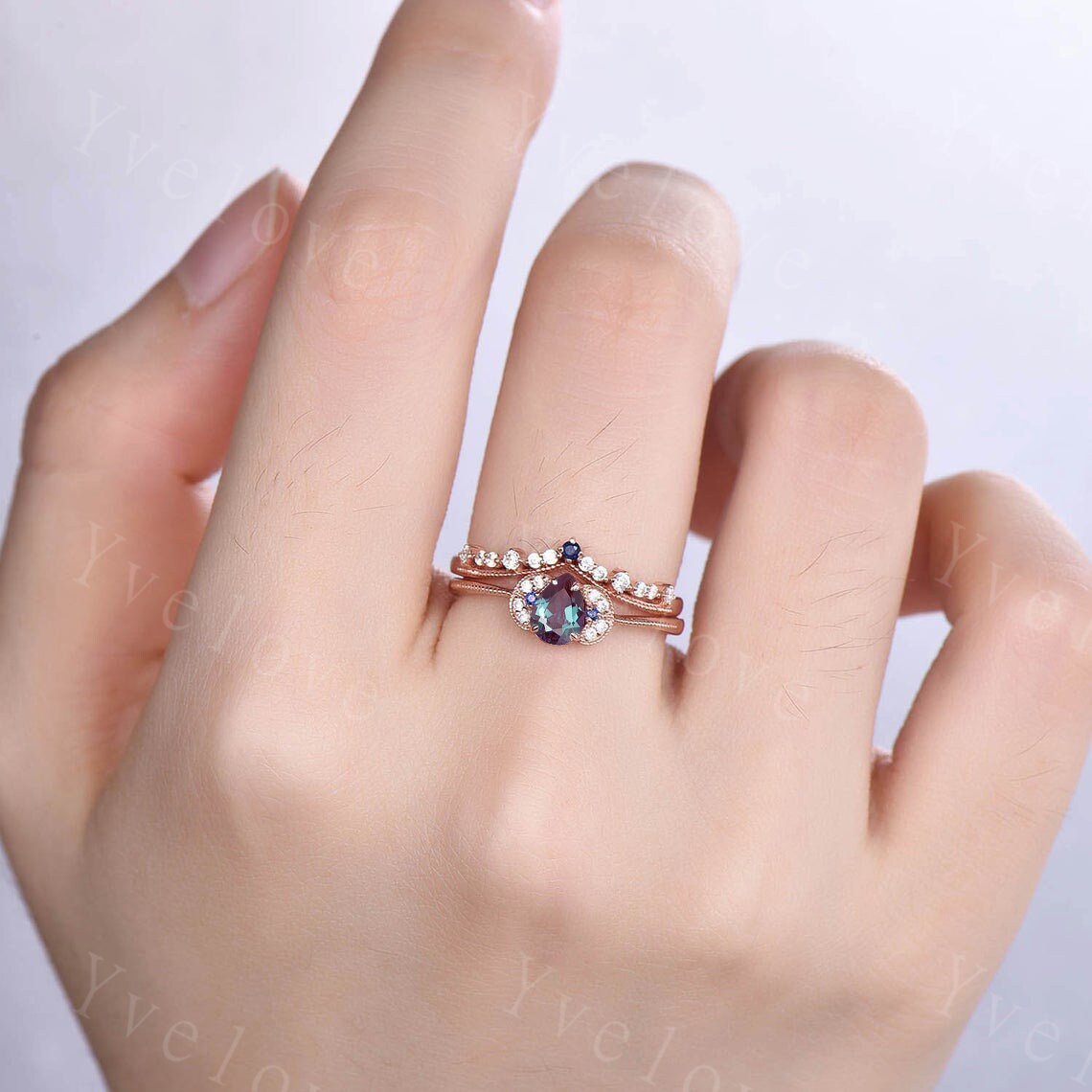 Alexandrite Ring, Pear Alexandrite Engagement Ring, June Birthstone Ring, Vintage Wedding Band, 14k Rose Gold, Promise Ring, Bridal Set