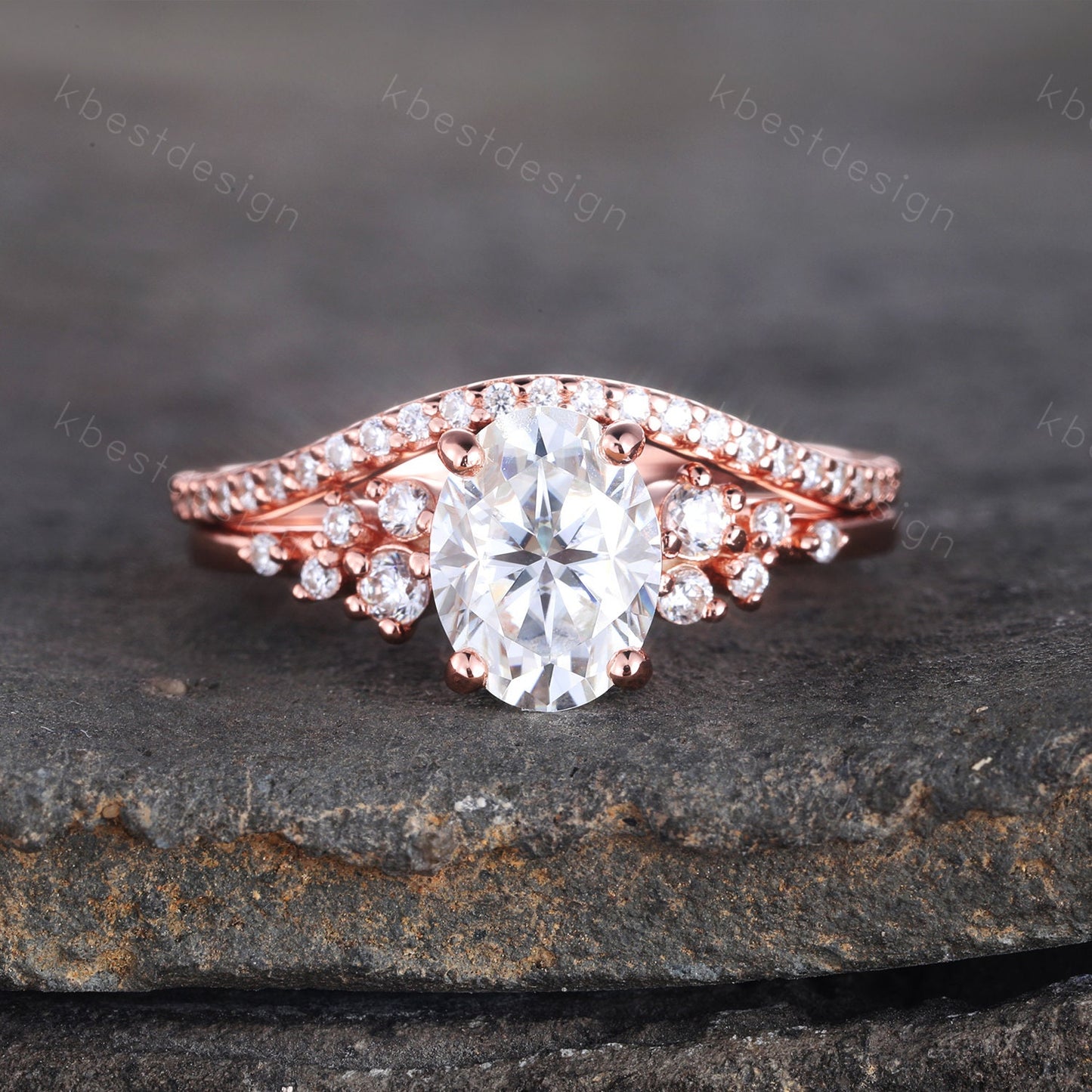 14K Rose Gold Rings/ 1.5CT Oval Simulated Diamond Wedding Ring/ Diamond Bridal Set Ring/ Anniversary Gift/ CZ Engagement Ring