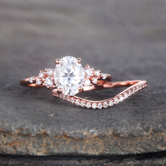 14K Rose Gold Rings/ 1.5CT Oval Simulated Diamond Wedding Ring/ Diamond Bridal Set Ring/ Anniversary Gift/ CZ Engagement Ring
