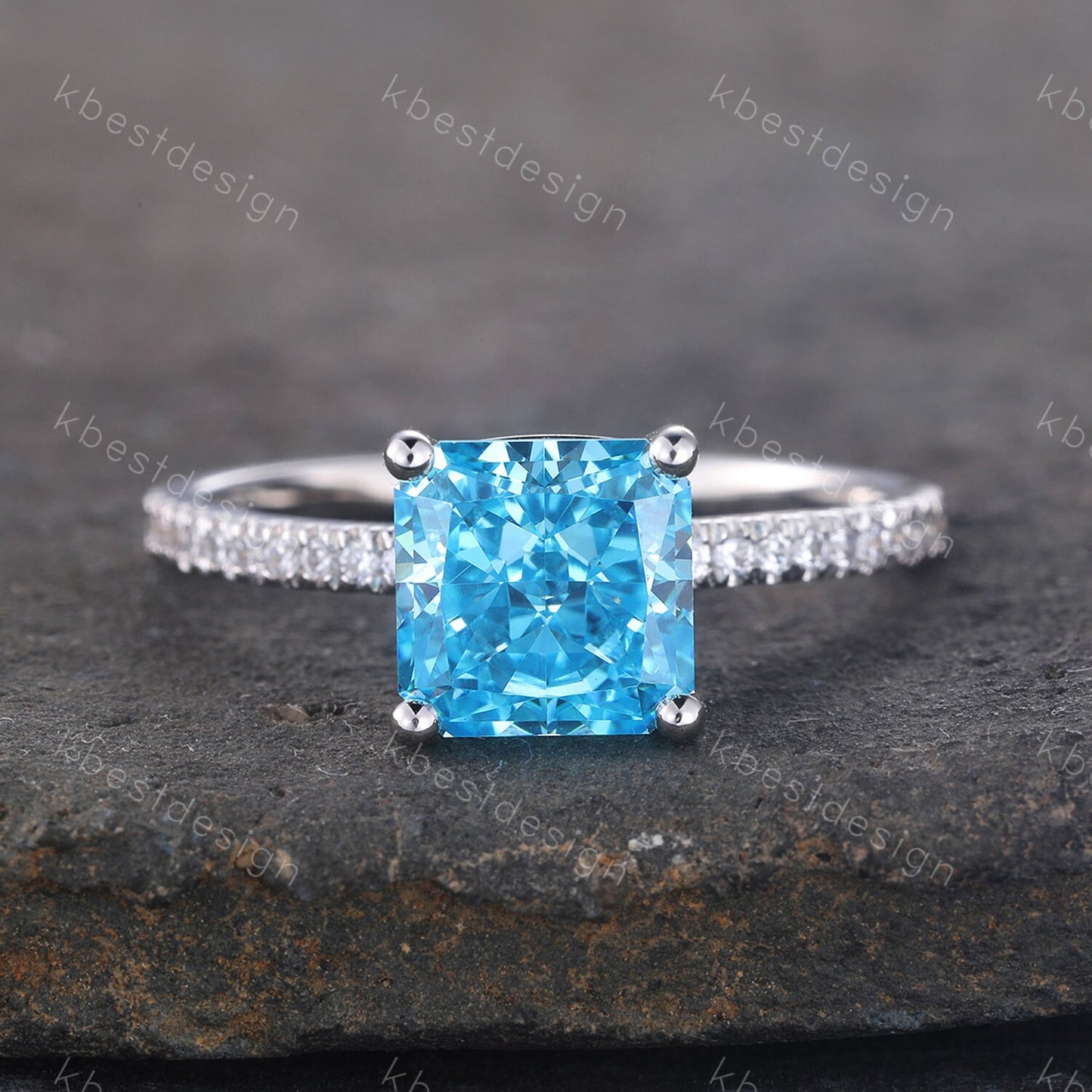 1.8ct Emerald Cut Engagement Ring, Sterling Silver Ring, Square Cut Ring, Blue CZ Diamond Ring, Emerald Cut Promise Ring, Blue Gemstone Ring