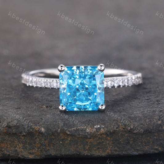1.8ct Emerald Cut Engagement Ring, Sterling Silver Ring, Square Cut Ring, Blue CZ Diamond Ring, Emerald Cut Promise Ring, Blue Gemstone Ring