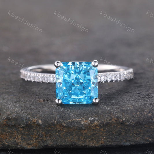1.8ct Emerald Cut Engagement Ring, Sterling Silver Ring, Square Cut Ring, Blue CZ Diamond Ring, Emerald Cut Promise Ring, Blue Gemstone Ring