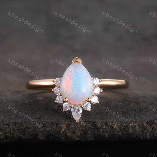 White Opal Ring, Pear Shaped Opal Engagement Ring, Yellow Gold Ring for Women, Opal Solitaire Ring, Unique Bridal Wedding Ring, Promise
