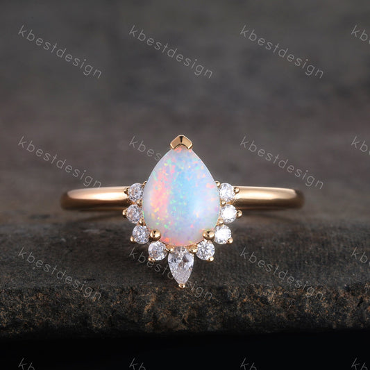 White Opal Ring, Pear Shaped Opal Engagement Ring, Yellow Gold Ring for Women, Opal Solitaire Ring, Unique Bridal Wedding Ring, Promise