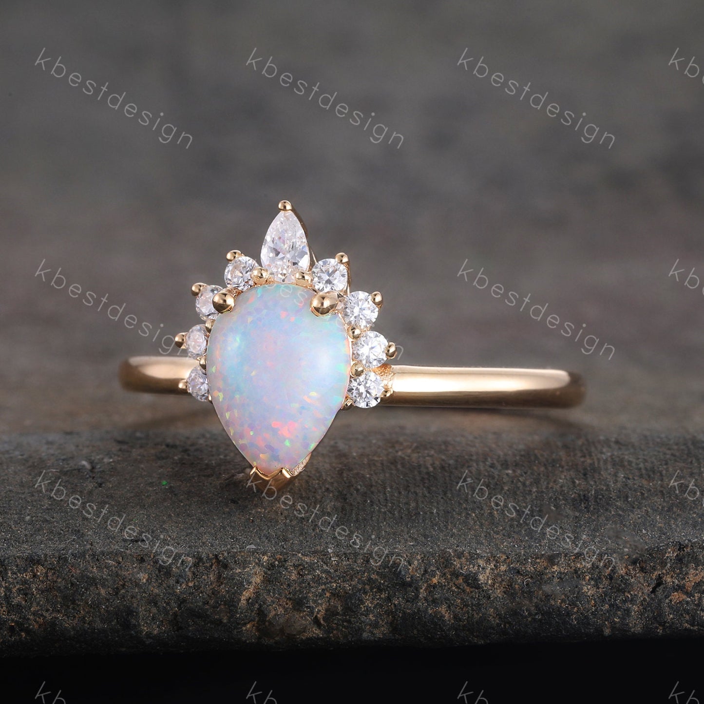 White Opal Ring, Pear Shaped Opal Engagement Ring, Yellow Gold Ring for Women, Opal Solitaire Ring, Unique Bridal Wedding Ring, Promise