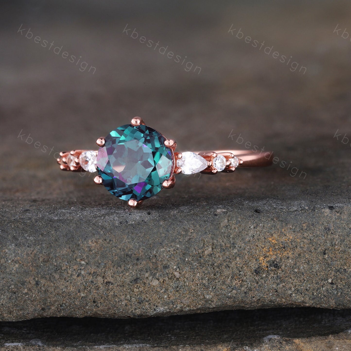 Alexandrite Ring, Round Engagement Ring, June Birthstone, Unique Wedding Bridal Ring, Rose Gold Alexandrite Ring, Promise Anniversary