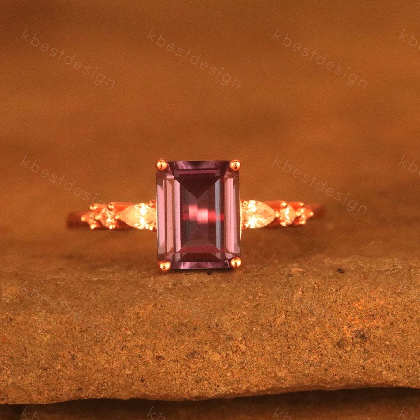Emerald cut Alexandrite engagement ring vintage diamond Cluster wedding ring rose gold engagement ring anniversary gift for women