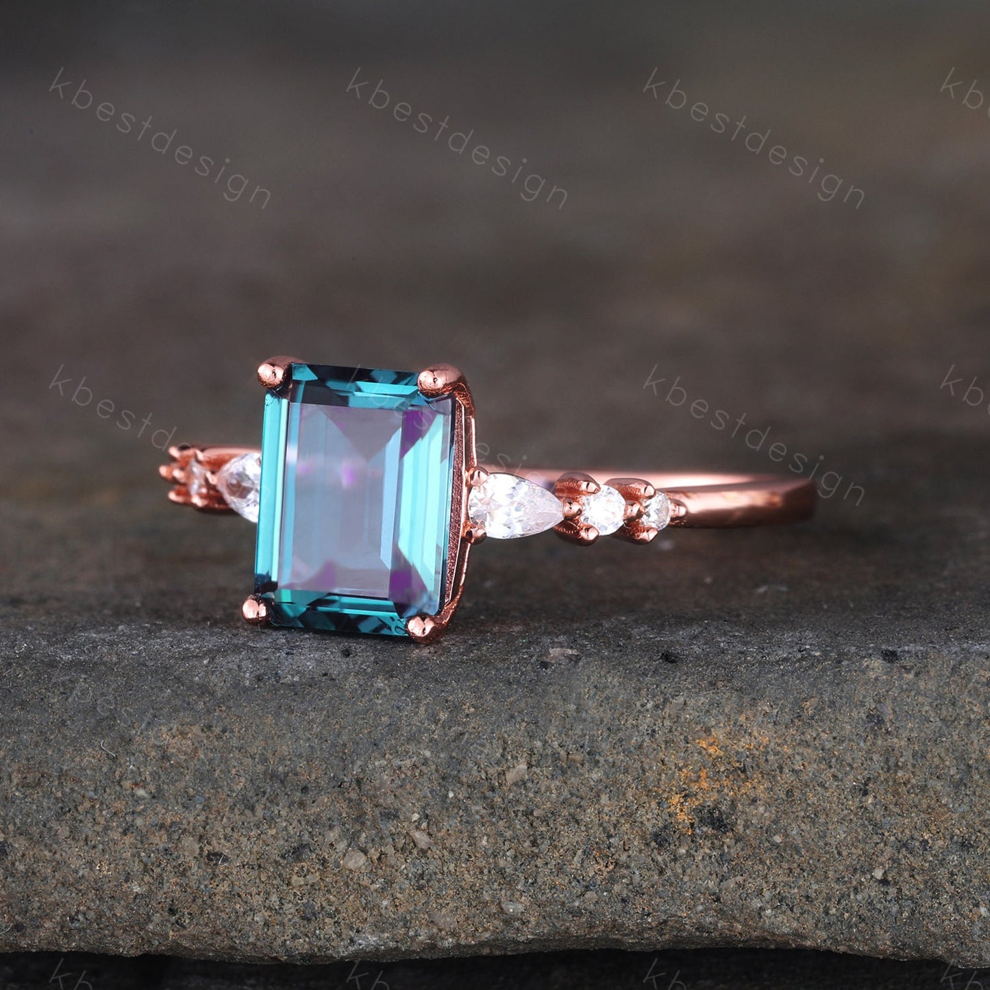 Emerald cut Alexandrite engagement ring vintage diamond Cluster wedding ring rose gold engagement ring anniversary gift for women