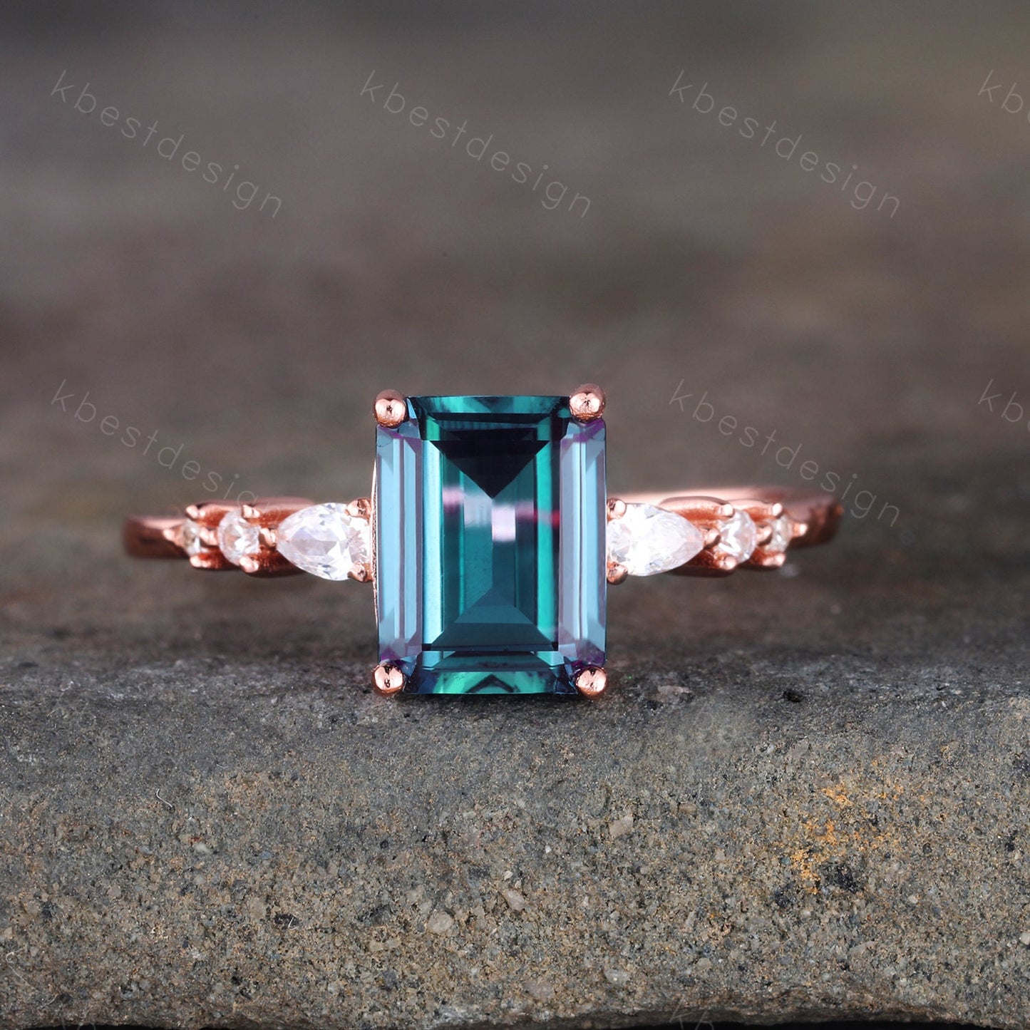 Emerald cut Alexandrite engagement ring vintage diamond Cluster wedding ring rose gold engagement ring anniversary gift for women
