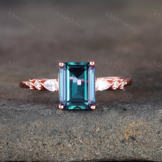 Emerald cut Alexandrite engagement ring vintage diamond Cluster wedding ring rose gold engagement ring anniversary gift for women