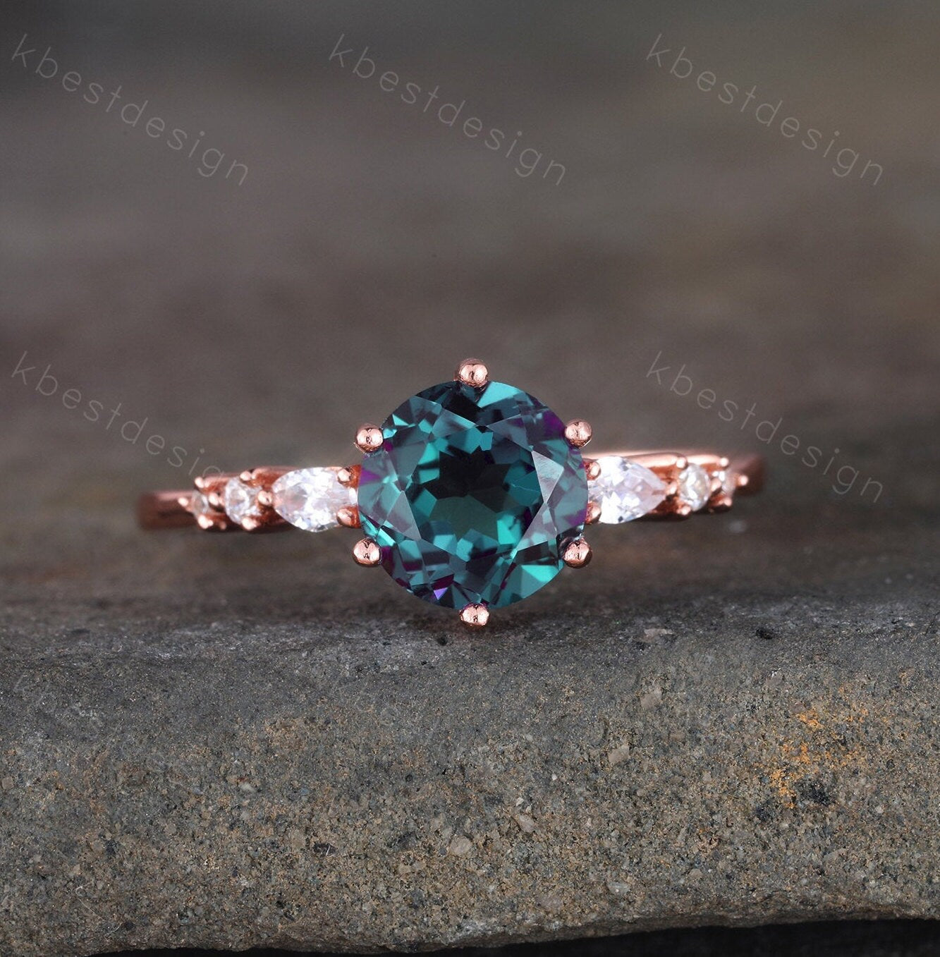 Alexandrite Ring, Round Engagement Ring, June Birthstone, Unique Wedding Bridal Ring, Rose Gold Alexandrite Ring, Promise Anniversary
