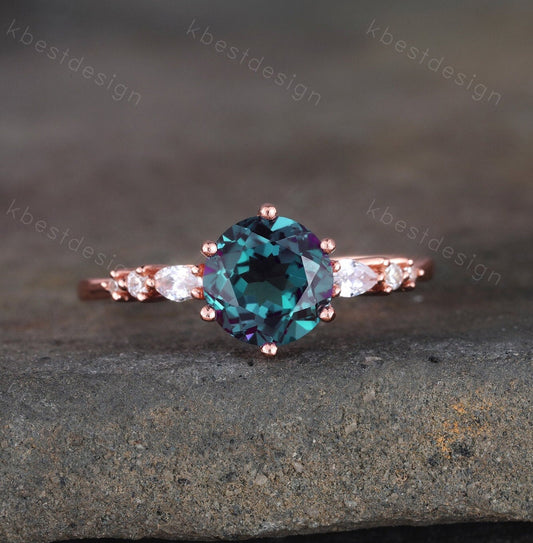 Alexandrite Ring, Round Engagement Ring, June Birthstone, Unique Wedding Bridal Ring, Rose Gold Alexandrite Ring, Promise Anniversary