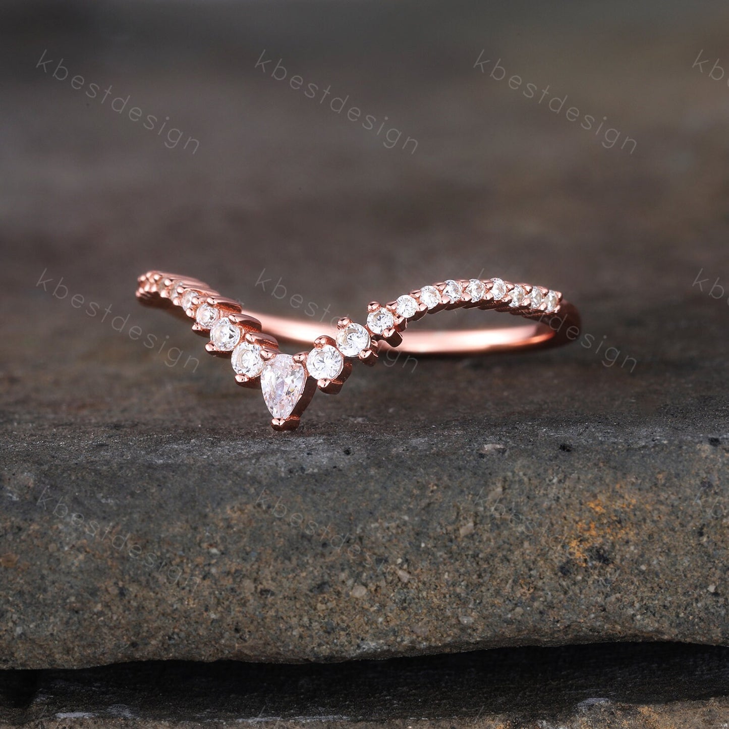 Delicate Chevron Ring Rose Gold Ring for Women Diamond CZ Eternity Stackable Wedding Band Unique Curved Matching Bridal Anniversary Gift