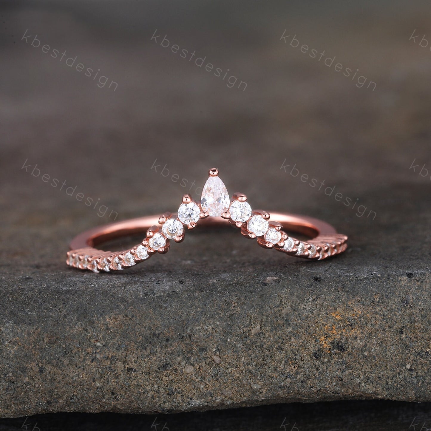 Delicate Chevron Ring Rose Gold Ring for Women Diamond CZ Eternity Stackable Wedding Band Unique Curved Matching Bridal Anniversary Gift