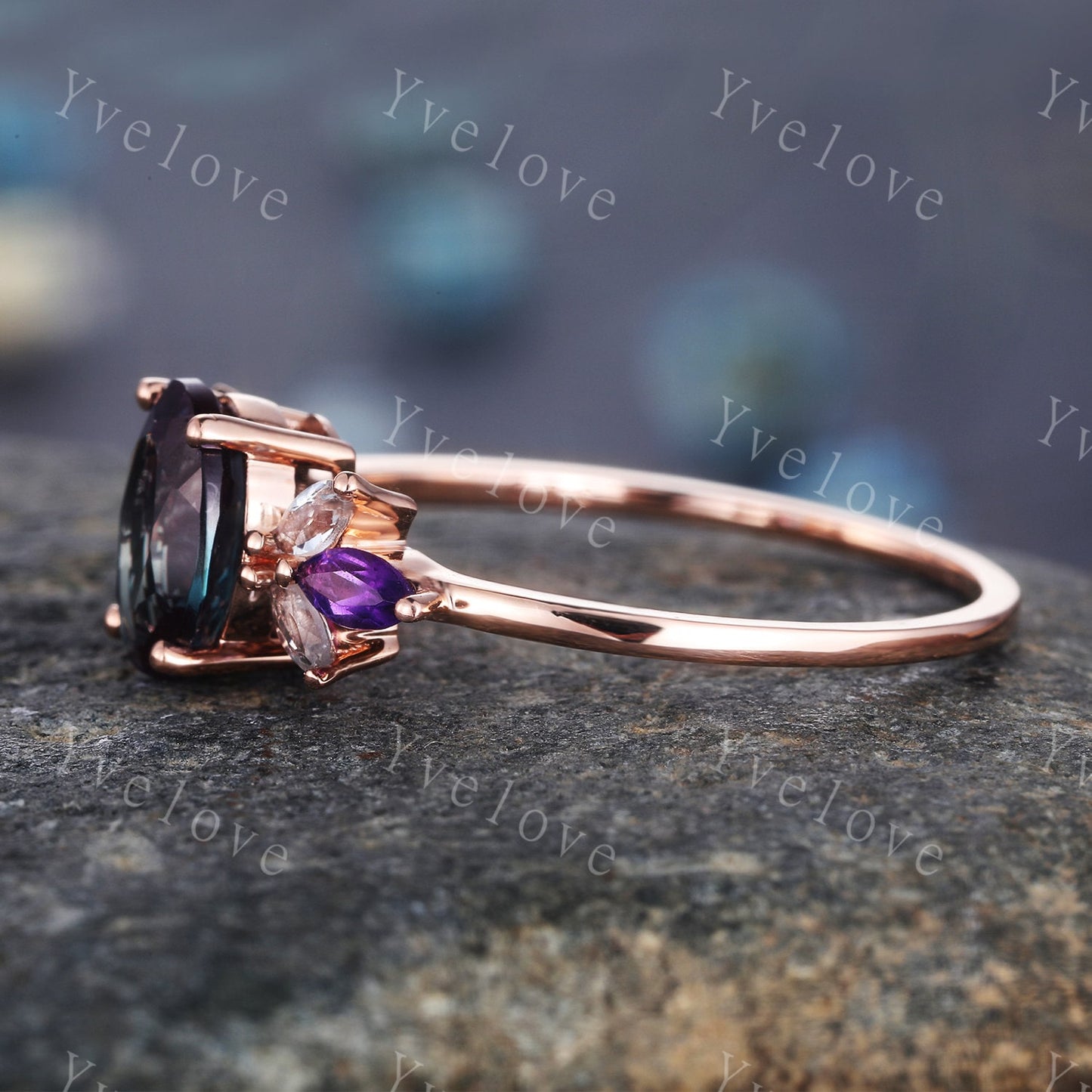 London Blue Topaz Engagement Ring,Natural Topaz,14K Rose Gold Women Moissanite Amethyst Gem Matching Band,Bridal Stacking Ring Gift for her
