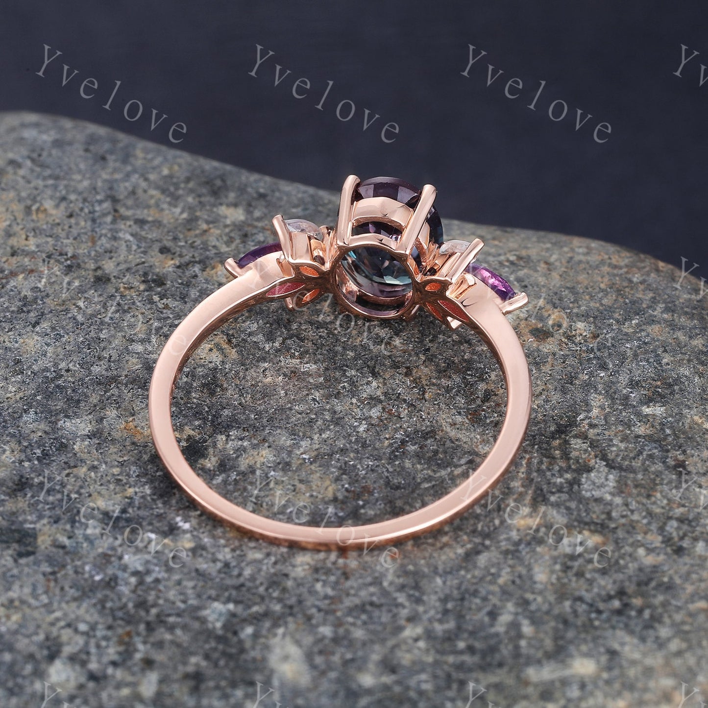 Vintage Alexandrite Engagement Ring Set Rose Gold Women Moissanite Amethyst Gem Matching Band Promise Bridal Stacking Ring Set Gift for her