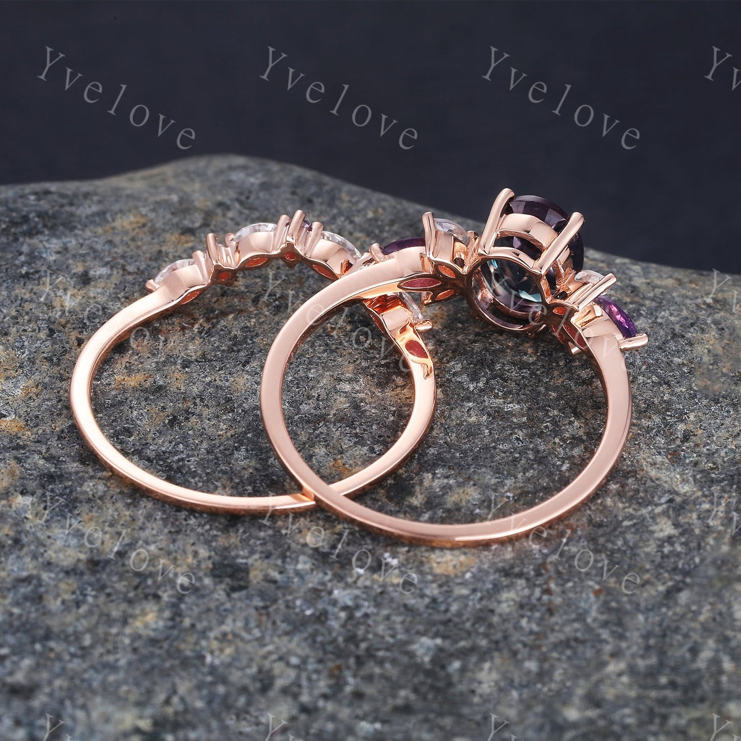 Vintage Blue Sandstone Engagement Ring set Unique Rose Gold Oval cut Bridal set Art deco curved stacking band promise anniversary rings gift