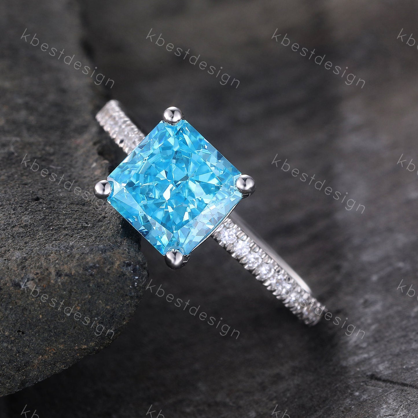 1.8ct Emerald Cut Engagement Ring, Sterling Silver Ring, Square Cut Ring, Blue CZ Diamond Ring, Emerald Cut Promise Ring, Blue Gemstone Ring