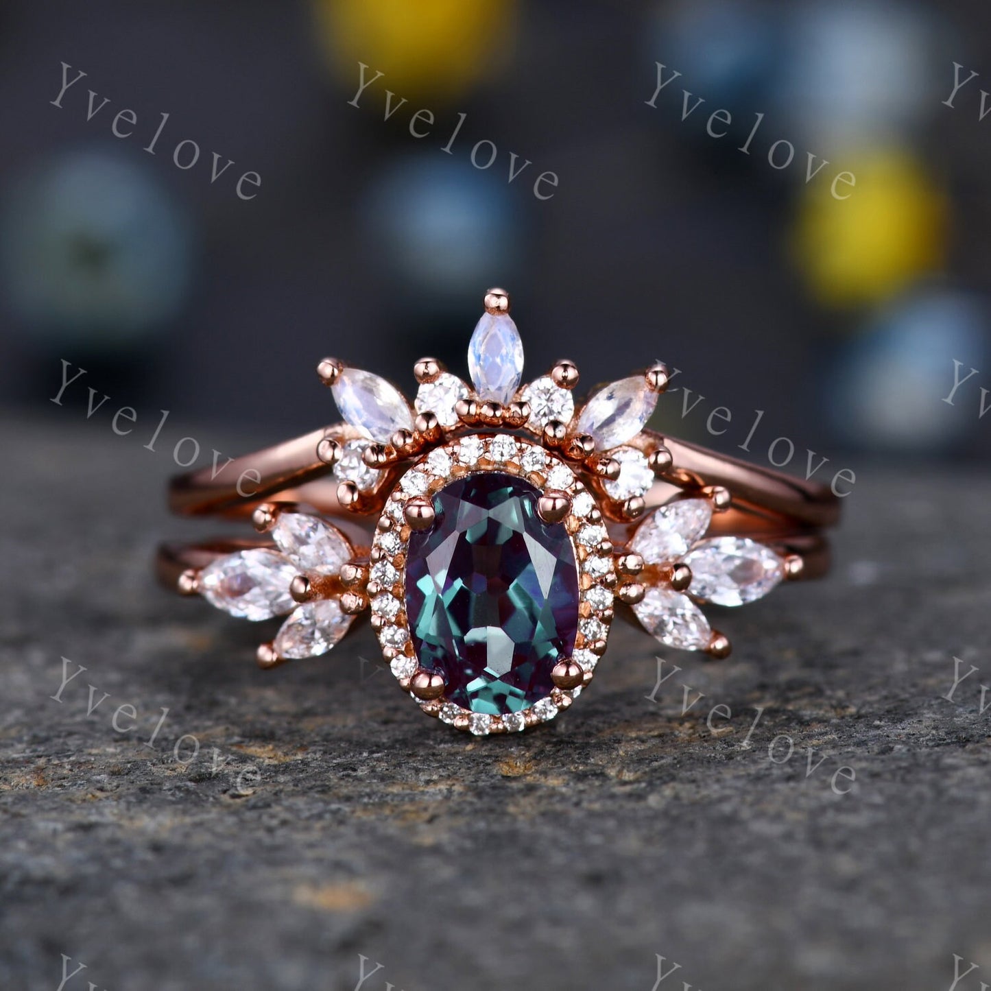 Vintage Style Alexandrite Engagement Ring Set Women Diamond Halo Marquise Moissanite Matching Band Stacking Ring Set Unique Gift Marry her