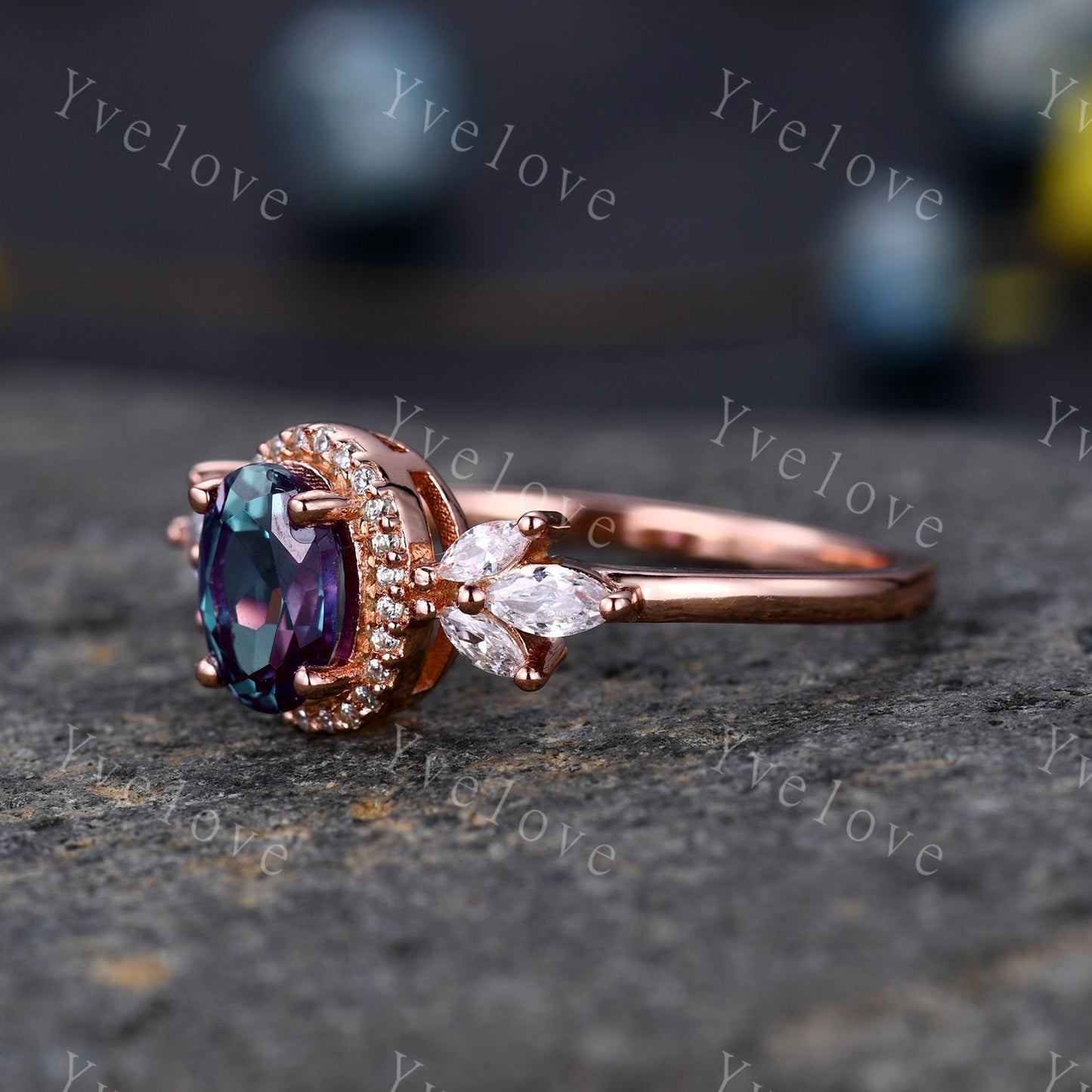 Vintage Style Alexandrite Engagement Ring Set Women Diamond Halo Marquise Moissanite Matching Band Stacking Ring Set Unique Gift Marry her