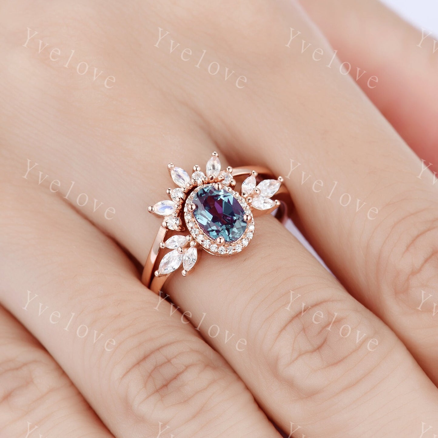 Vintage Style Alexandrite Engagement Ring Set Women Diamond Halo Marquise Moissanite Matching Band Stacking Ring Set Unique Gift Marry her