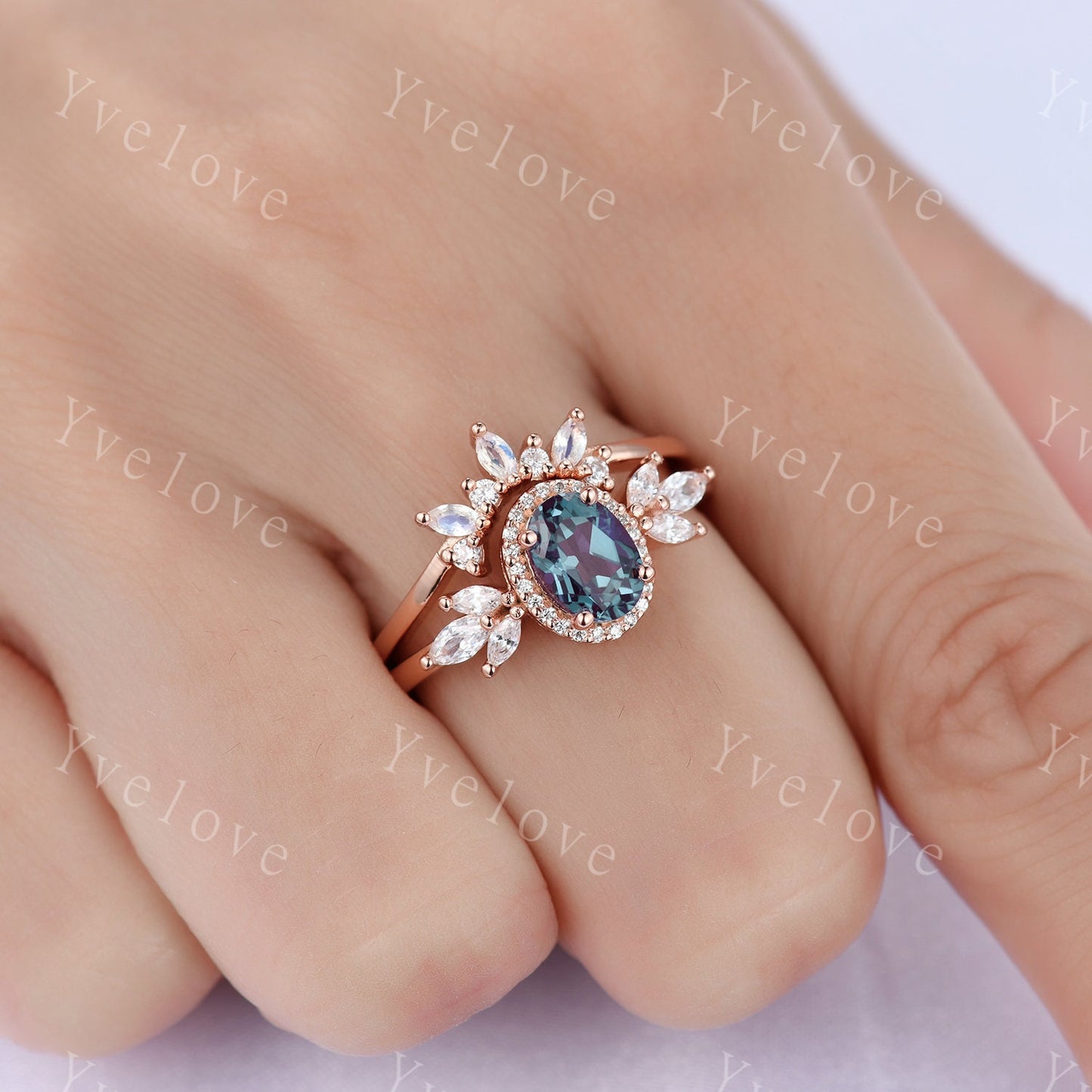 Vintage Style Alexandrite Engagement Ring Set Women Diamond Halo Marquise Moissanite Matching Band Stacking Ring Set Unique Gift Marry her