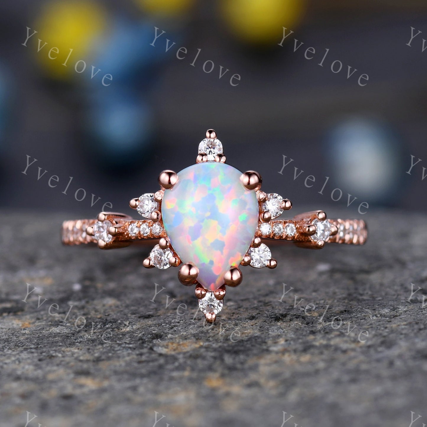Pear Opal Ring White Fire Opal,Engagement Ring Set,Pear Opal Bridal Set ,Moissanite Half Eternity Band,14K Rose Gold,Opal October Birthstone