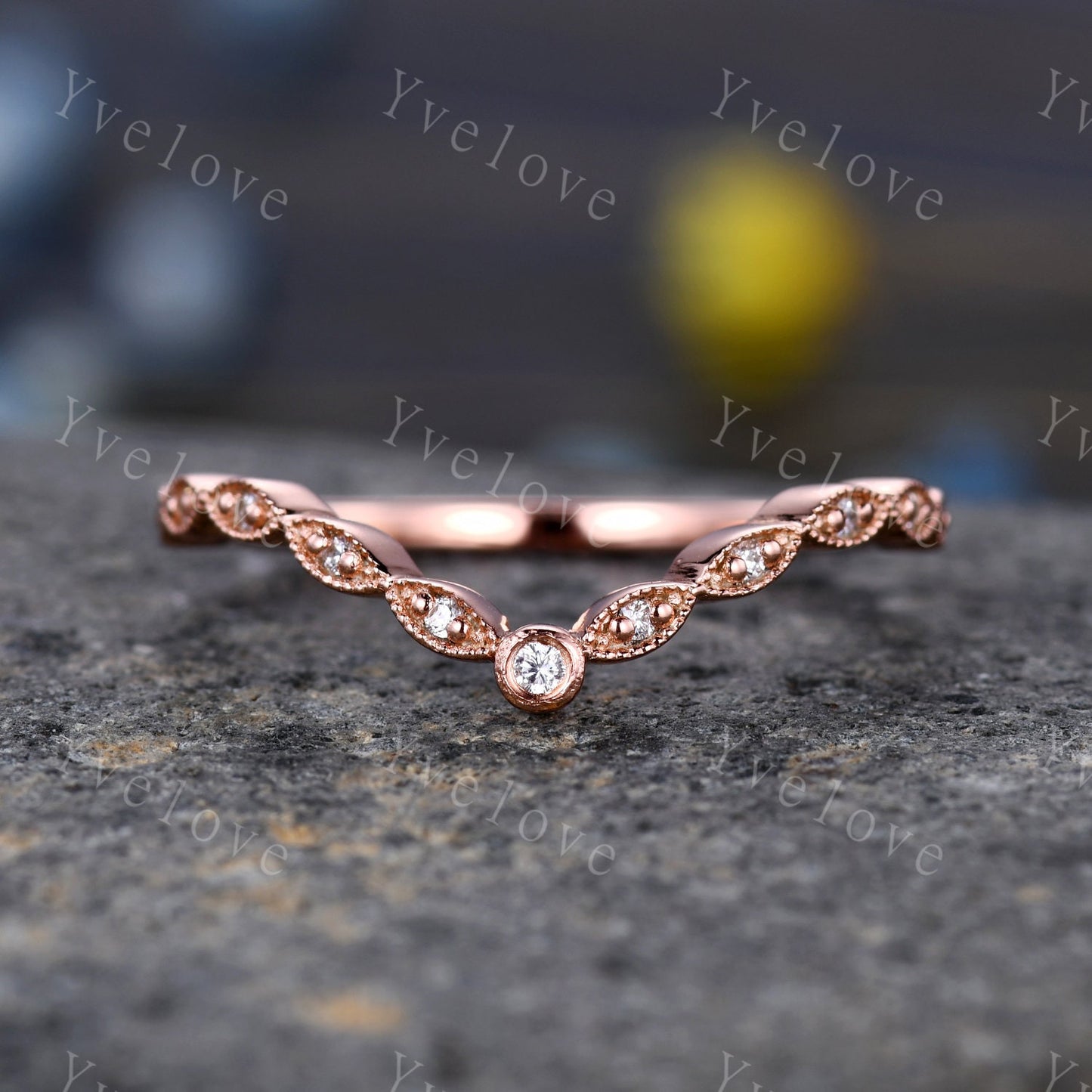 Curved shape diamond wedding band 14k rose gold art deco diamond  matching band stacking band natural conflict free stone customized