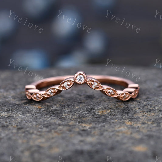 Curved shape diamond wedding band 14k rose gold art deco diamond  matching band stacking band natural conflict free stone customized