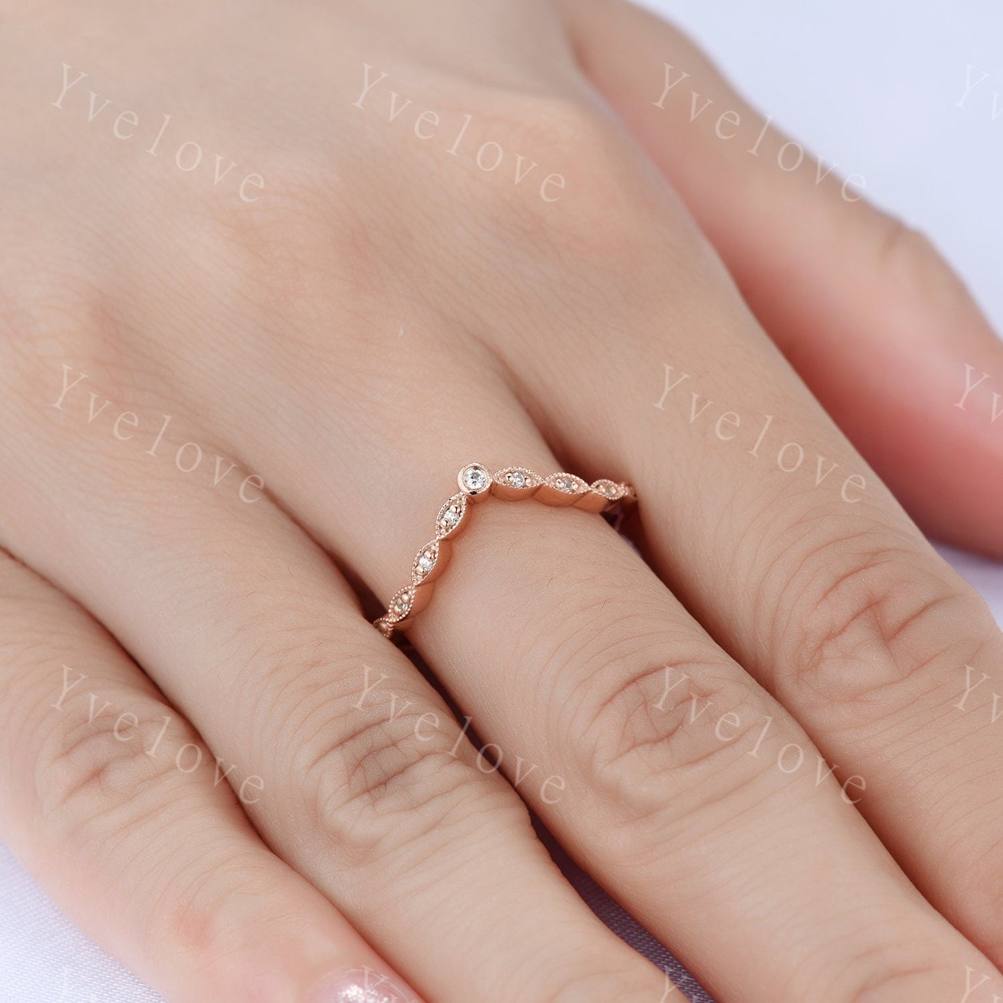 Curved shape diamond wedding band 14k rose gold art deco diamond  matching band stacking band natural conflict free stone customized