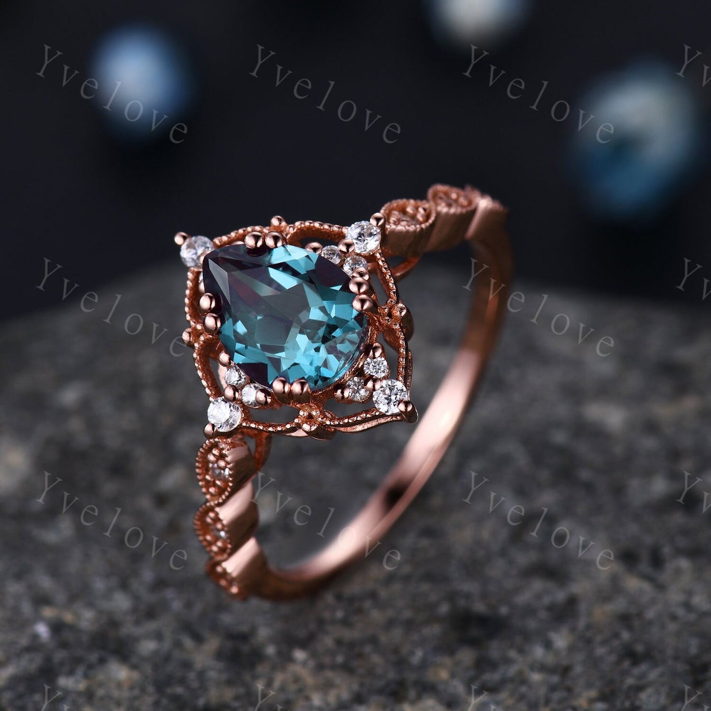 Pear Shaped Rose Gold Ring Vintage Alexandrite Engagement Ring  Milgrain Art Deco Floral Diamond Ring Unique Promise Jewelry Gift For Her