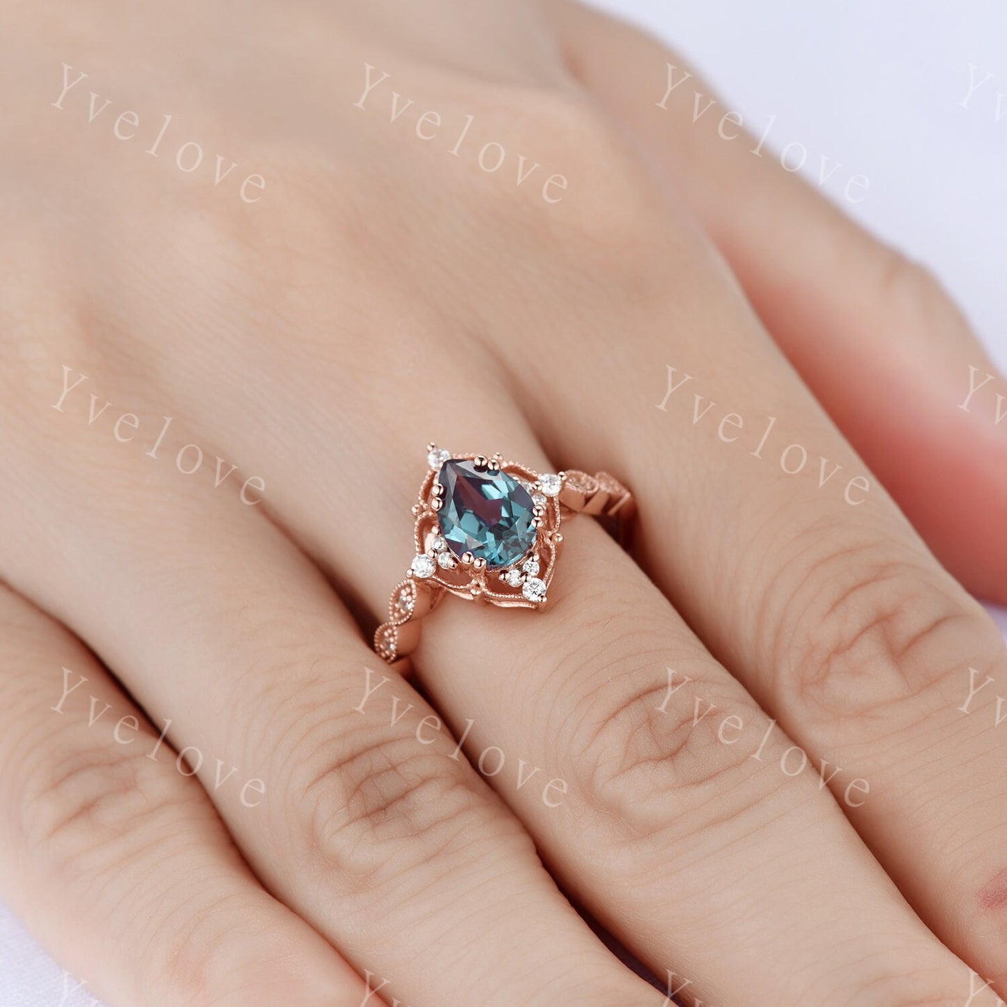 Pear Shaped Rose Gold Ring Vintage Alexandrite Engagement Ring  Milgrain Art Deco Floral Diamond Ring Unique Promise Jewelry Gift For Her