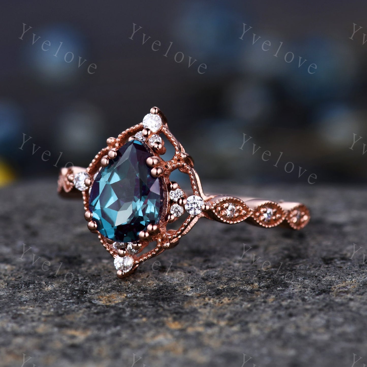 Pear Shaped Rose Gold Ring Vintage Alexandrite Engagement Ring  Milgrain Art Deco Floral Diamond Ring Unique Promise Jewelry Gift For Her