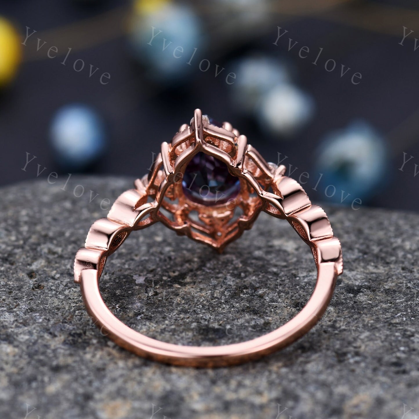 Pear Shaped Rose Gold Ring Vintage Alexandrite Engagement Ring  Milgrain Art Deco Floral Diamond Ring Unique Promise Jewelry Gift For Her