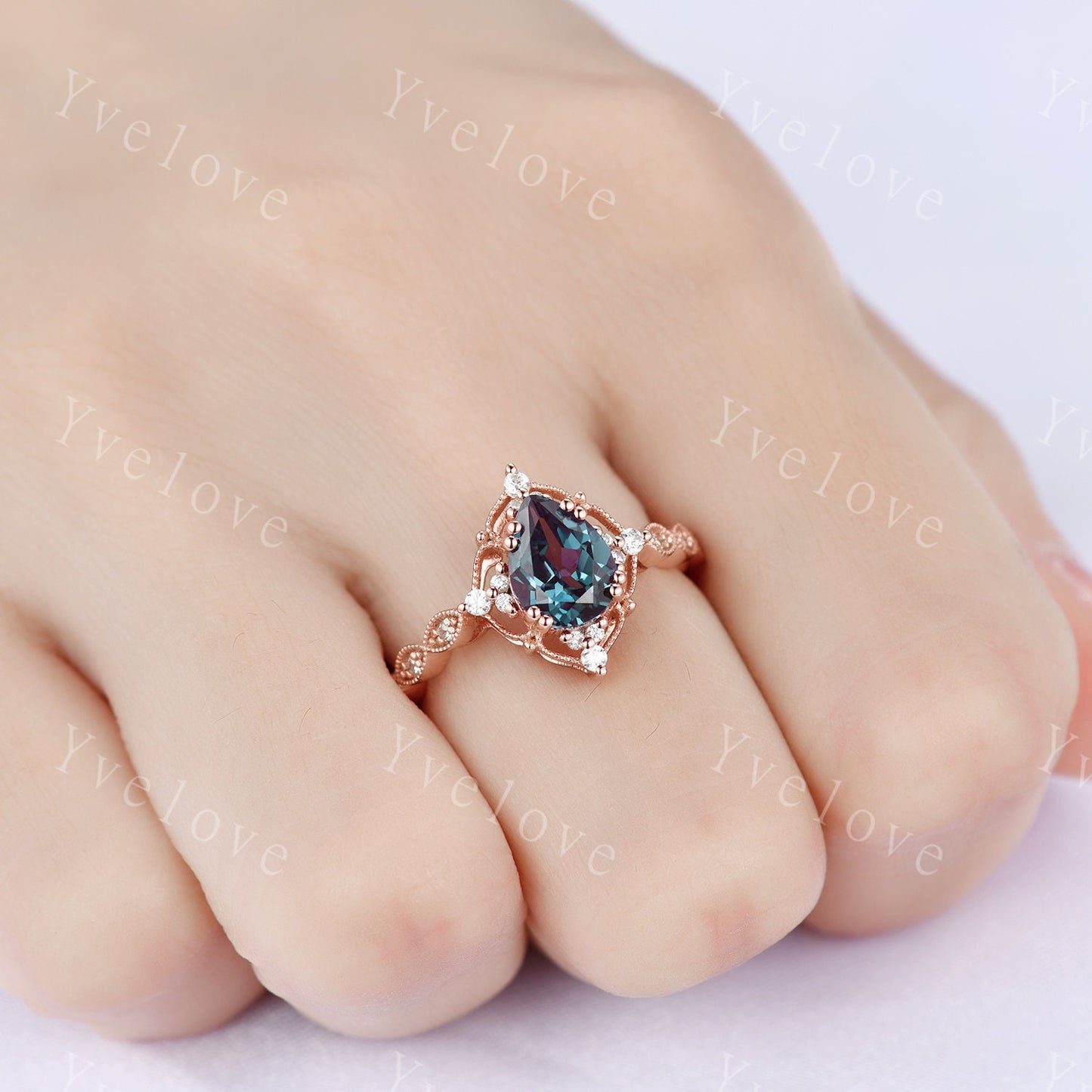 Pear Shaped Rose Gold Ring Vintage Alexandrite Engagement Ring  Milgrain Art Deco Floral Diamond Ring Unique Promise Jewelry Gift For Her