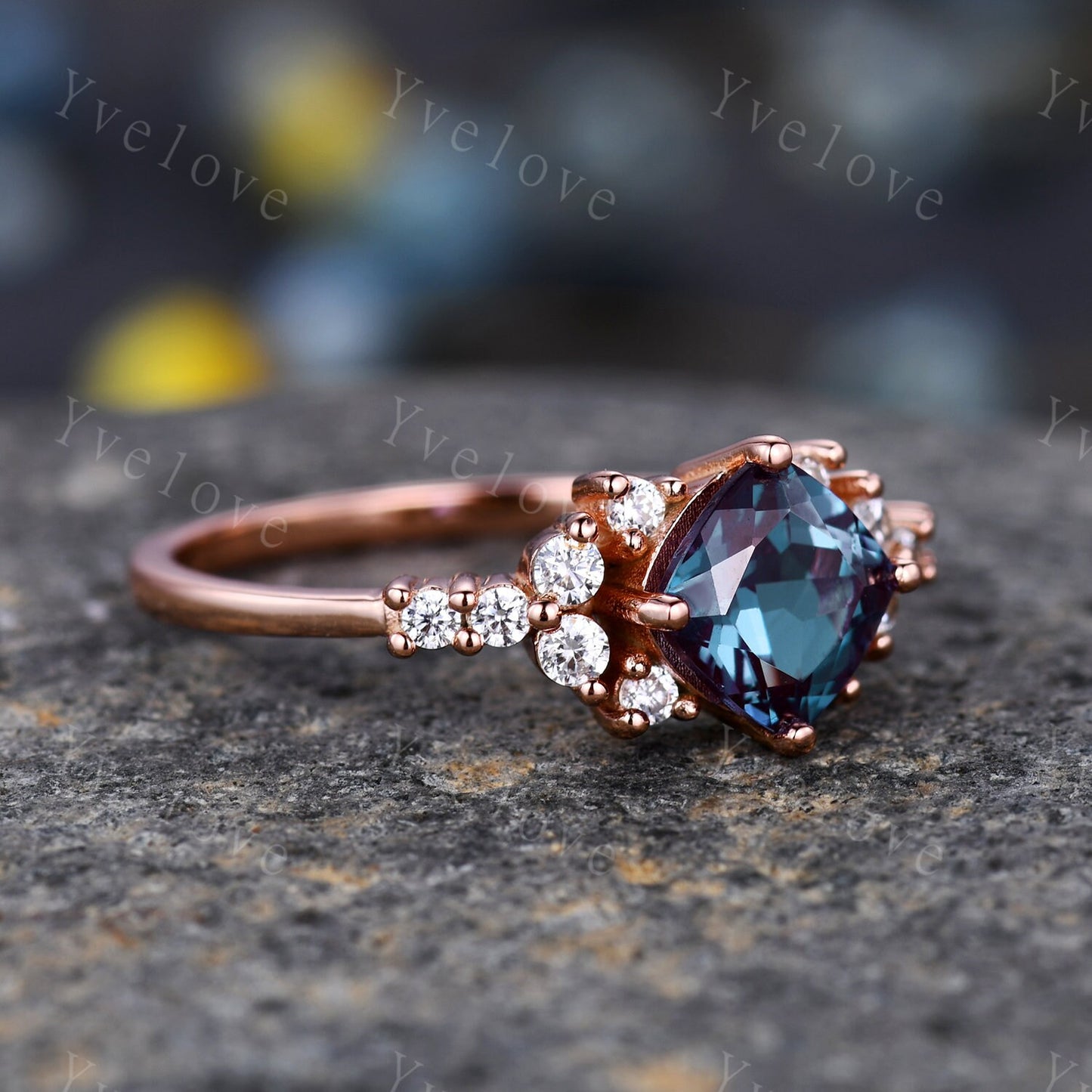Vintage  cushion cut alexandrite engagement ring rose gold  moissanite ring wedding ring unique June birthstone ring promise ring woman gift