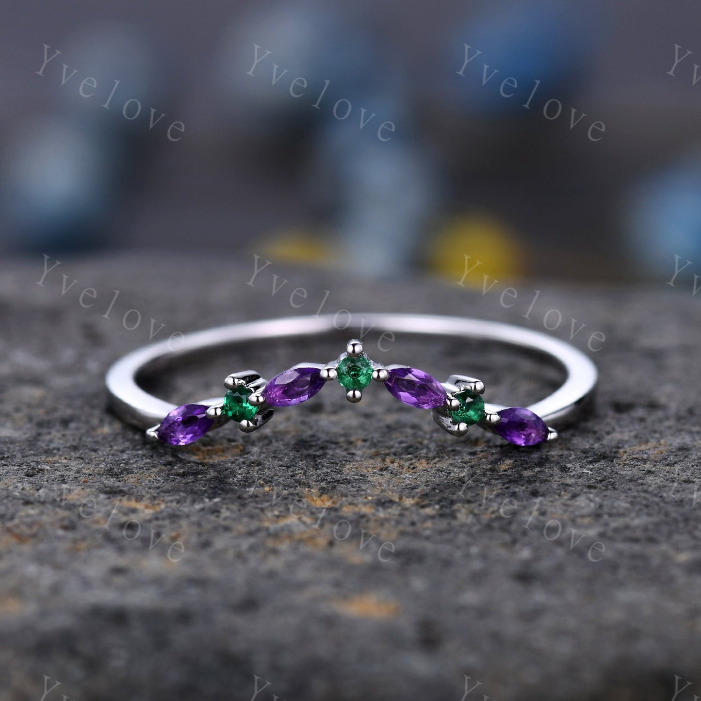 Unique Amethyst Emerald Wedding Ring Stacking Matching Band Silver Black Gold Marquise Ring Promise Jewelry Anniversary Gift For Women