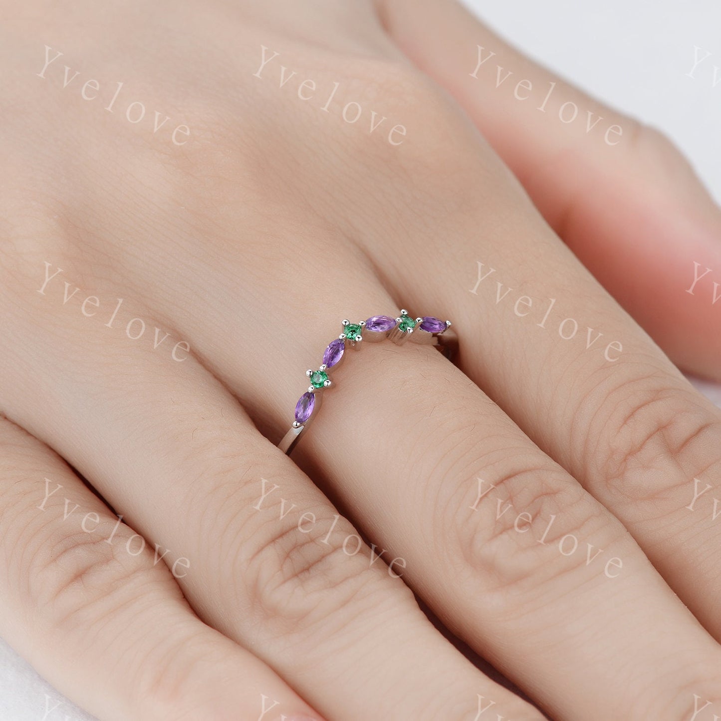 Unique Amethyst Emerald Wedding Ring Stacking Matching Band Silver Black Gold Marquise Ring Promise Jewelry Anniversary Gift For Women