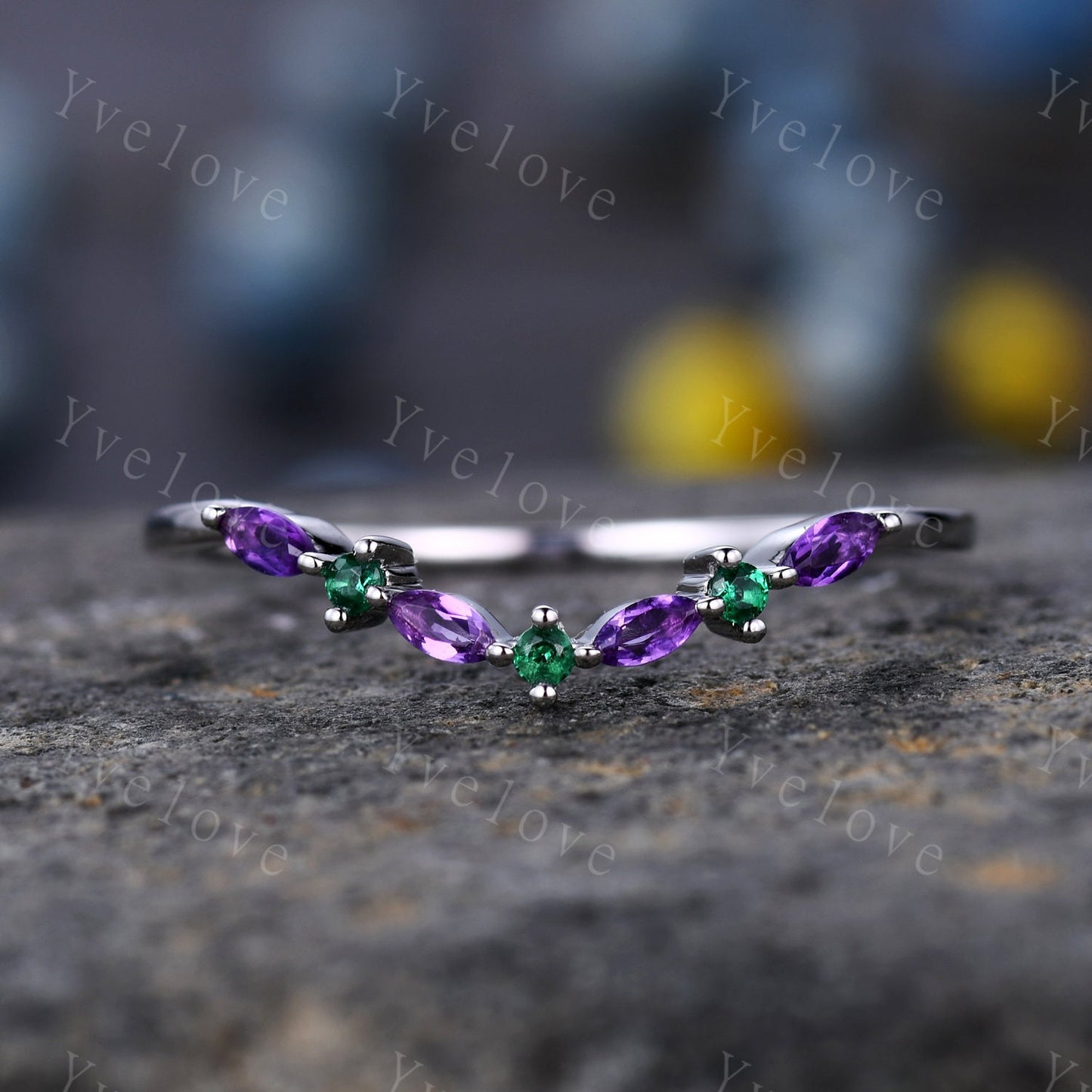 Amethyst  Emerald Wedding Ring  Stacking ring Engagement Ring White Gold   Sterling Silver  Marquise Ring Promise Jewelry Anniversary Gift