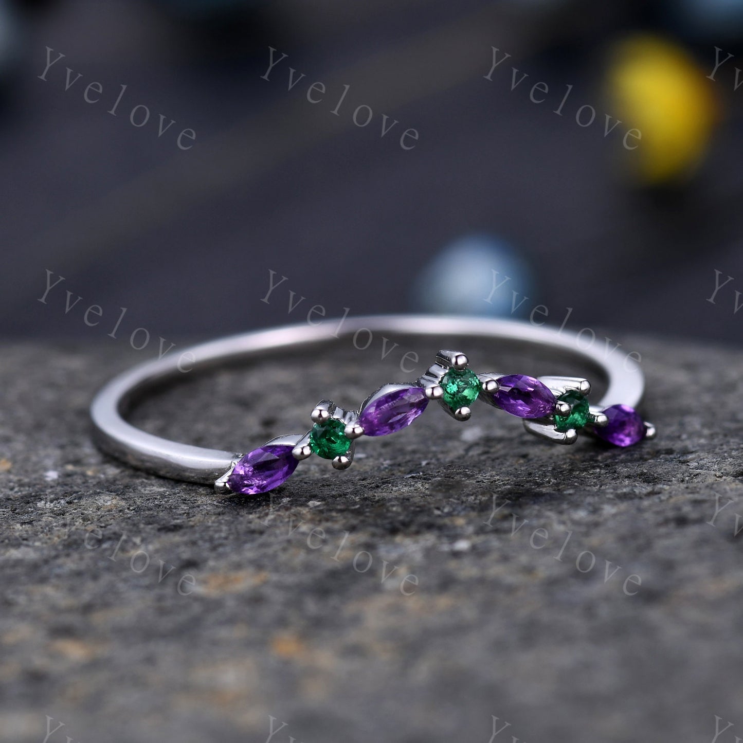 Amethyst  Emerald Wedding Ring  Stacking ring Engagement Ring White Gold   Sterling Silver  Marquise Ring Promise Jewelry Anniversary Gift