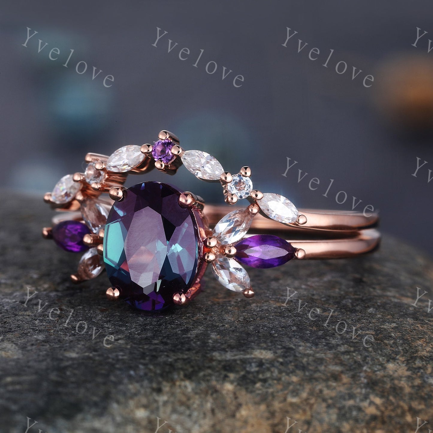 Vintage Alexandrite Engagement Ring Set Rose Gold Women Moissanite Amethyst Gem Matching Band Promise Bridal Stacking Ring Set Gift for her