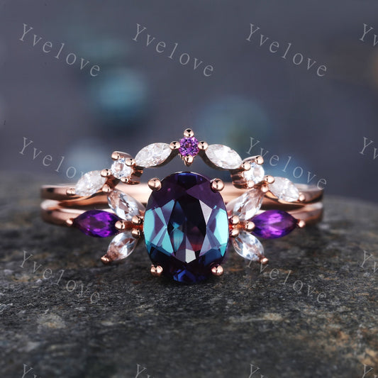 Vintage Alexandrite Engagement Ring Set Rose Gold Women Moissanite Amethyst Gem Matching Band Promise Bridal Stacking Ring Set Gift for her