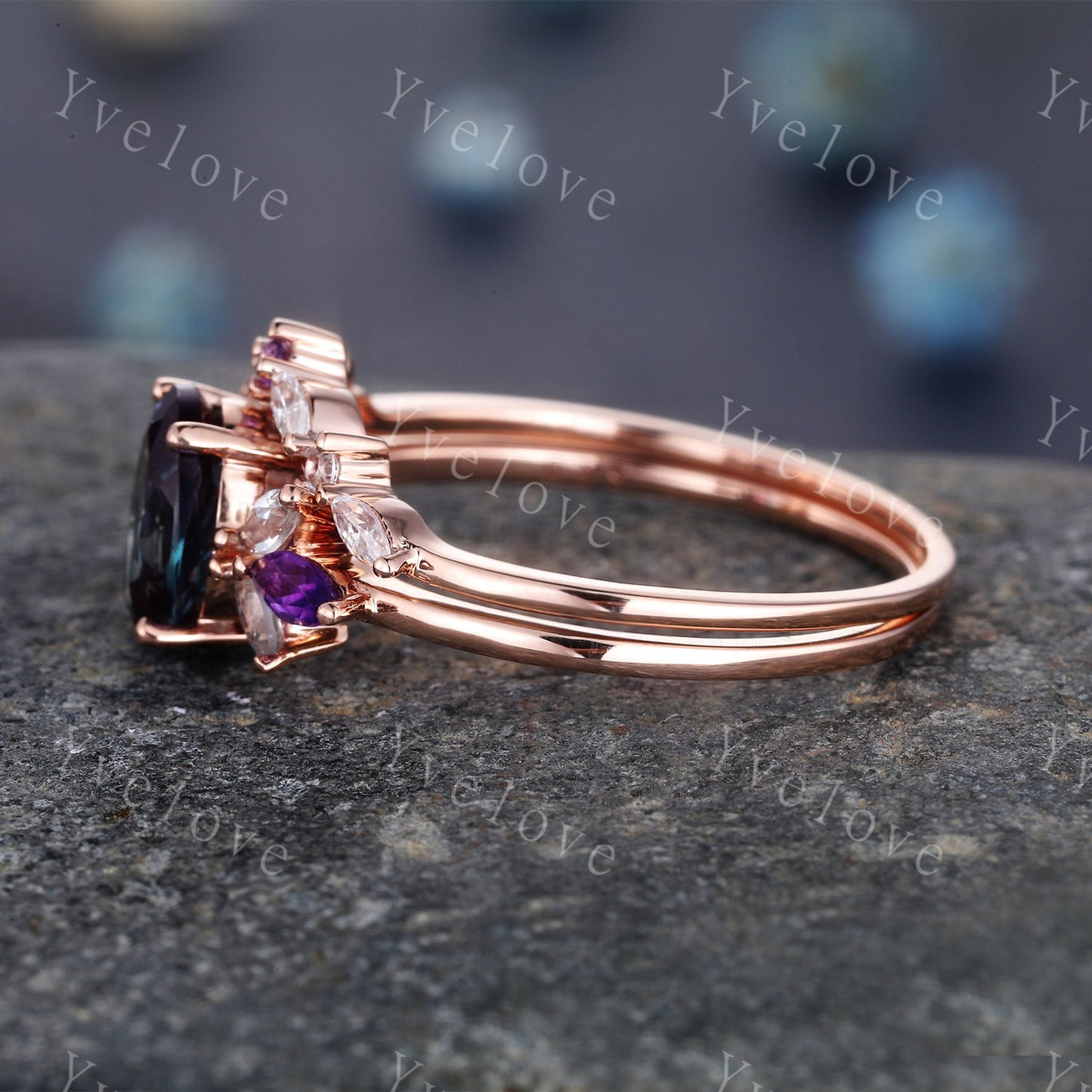 Vintage Alexandrite Engagement Ring Set Rose Gold Women Moissanite Amethyst Gem Matching Band Promise Bridal Stacking Ring Set Gift for her