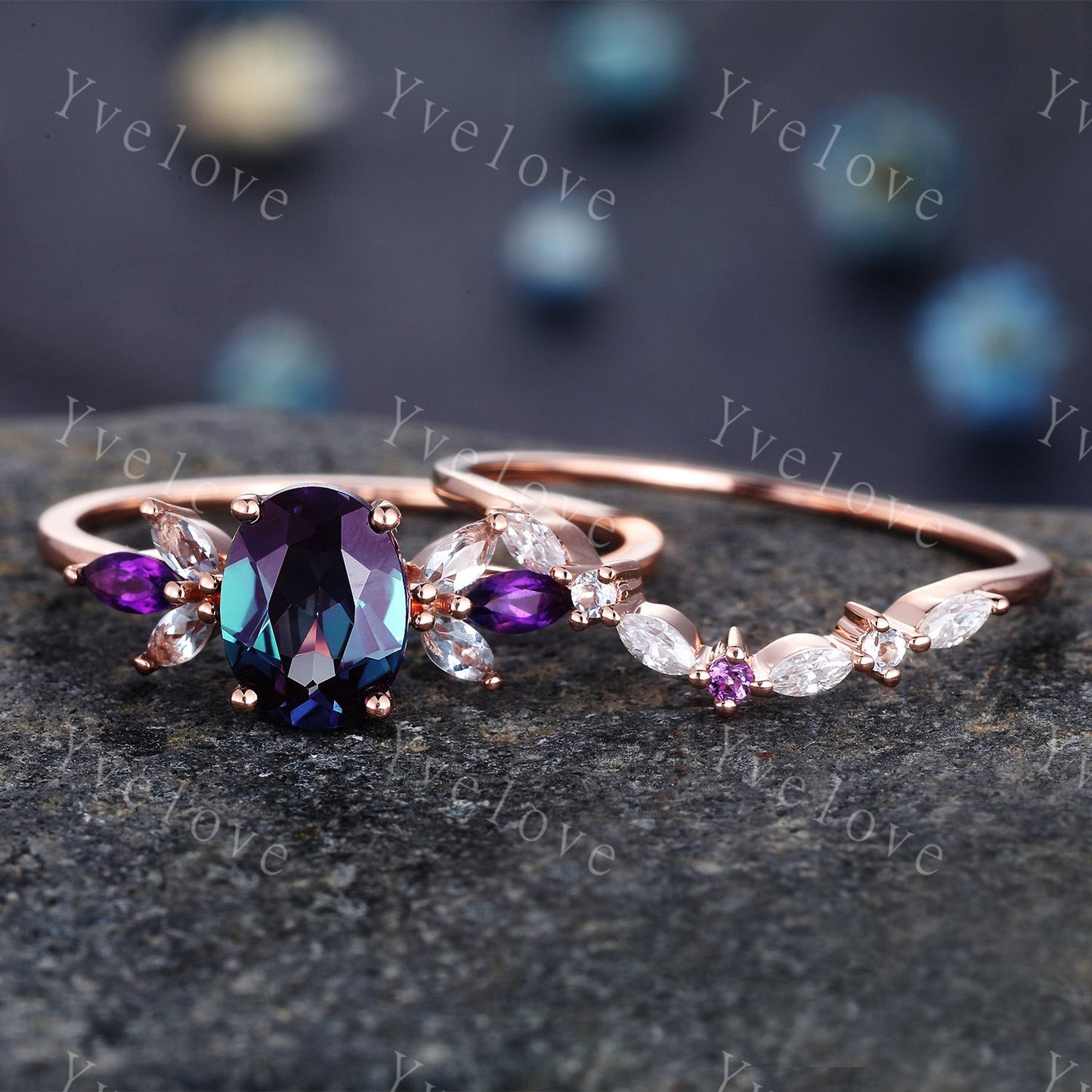 Natural Amethyst Matching Band Curved shape stacking band diamond wedding ring 14k rose gold art deco marquise matching band customized gift