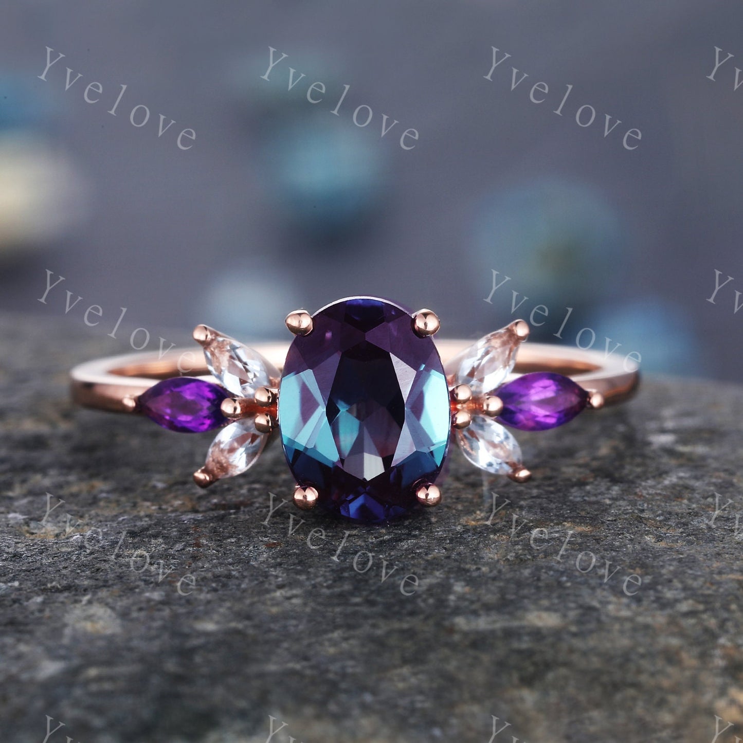 Vintage Alexandrite Engagement Ring Set 14K Rose Gold Women Moissanite Amethyst Gem Matching Band Promise Bridal Stacking Ring Gift for her