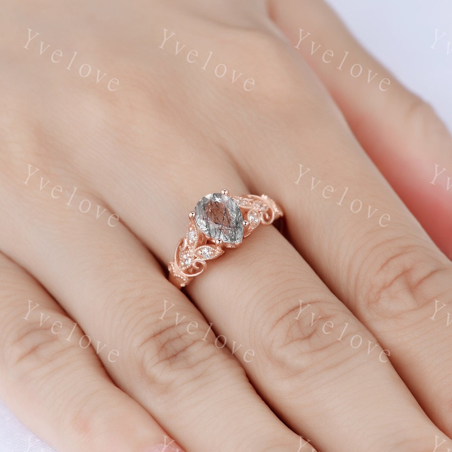 Pear cut black quartz rutilated  engagement Ring diamond ring rose gold wedding ring floral design wedding band milgrain women promise ring
